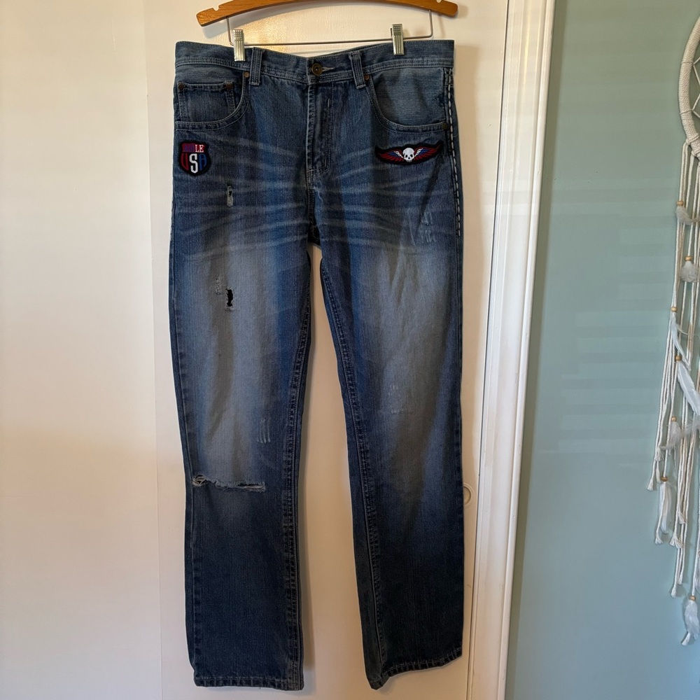 Stylish Men’s Blue Jeans with Patch Detail Size 36